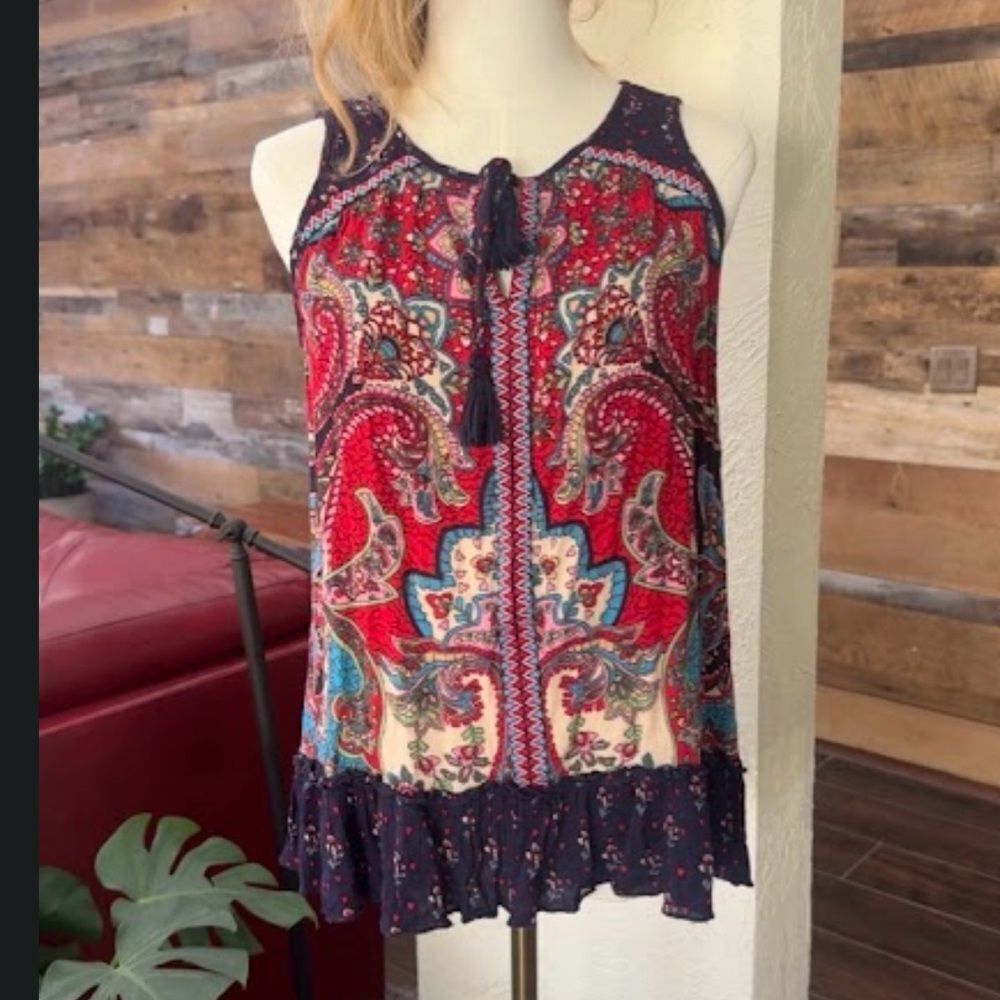 Bila Bohemian Paisley Sleeveless Tunic Top Tassel Tie Neck Ruffle Hem Navy SZ M